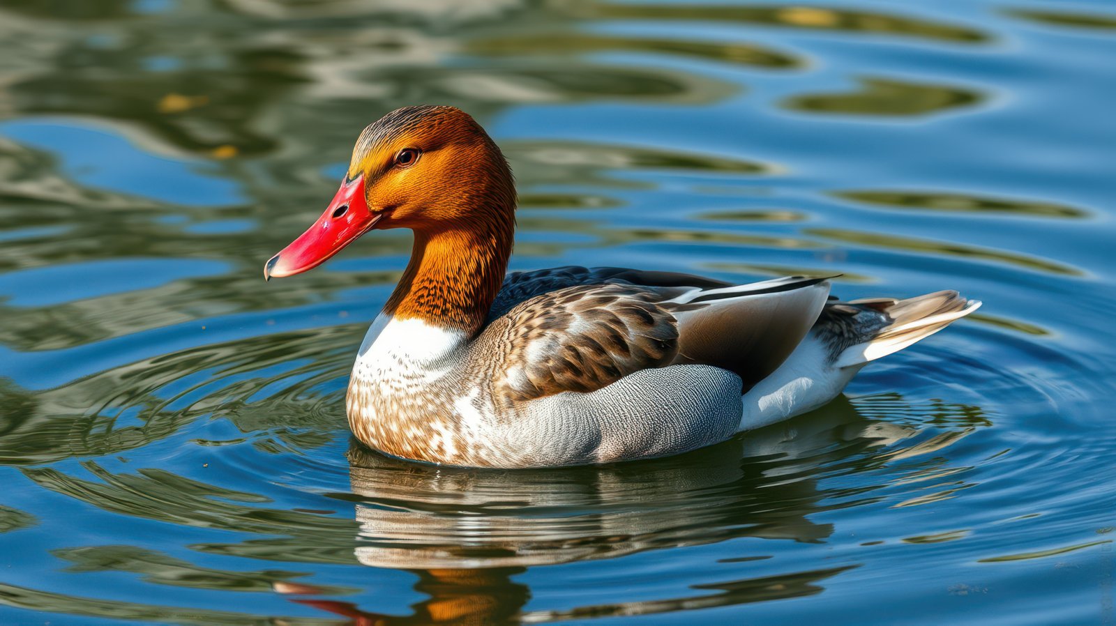 Male duck swimming gracefully in a serene pond during a sunny day in spring